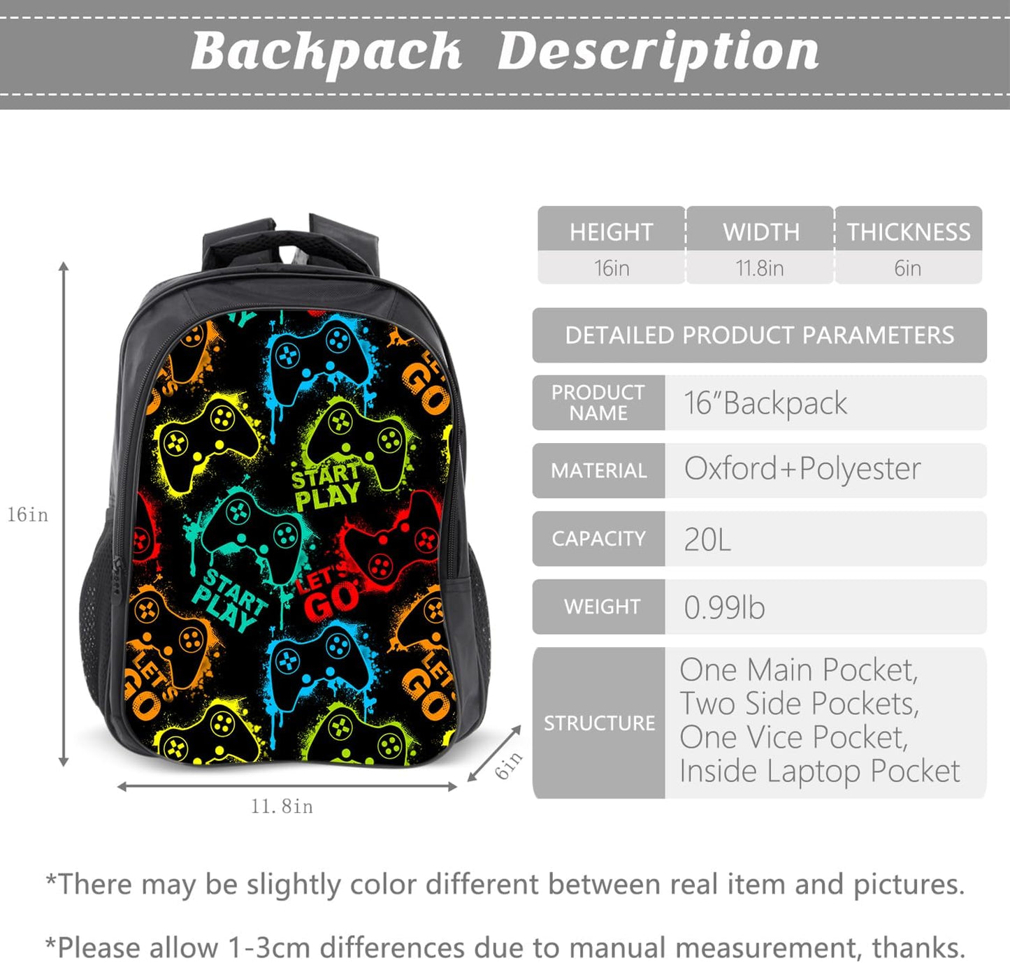 Gaming Backpack Kids Bookbag 16inch Schoolbag With Lunch Box Bag And Pencil Case Set For Boys Girls