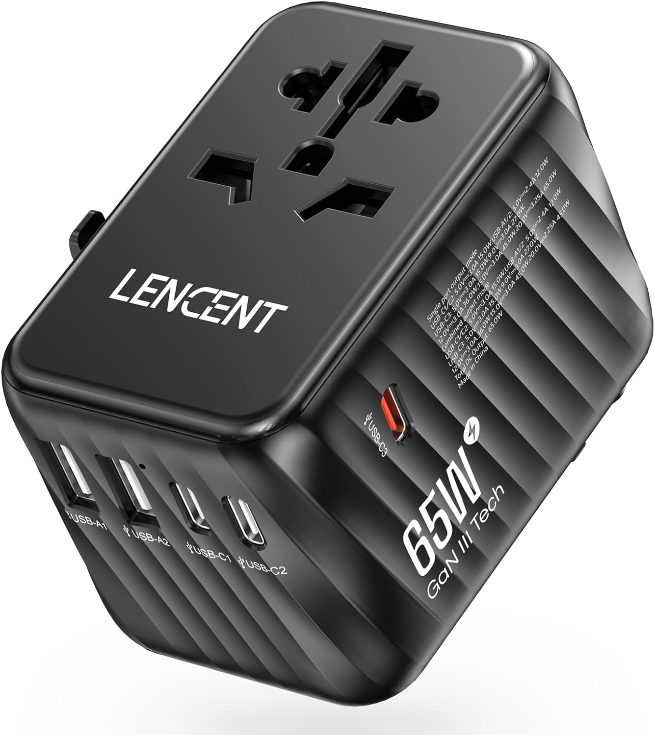 LENCENT International Travel Adapter, 65W GaN3 Universal Fast Charger with 2 USB A + 3 Type C PD, Worldwide Power Adaptor for Phones,Laptops, All in One Travel Essentials for EU/USA/UK/AU, Black