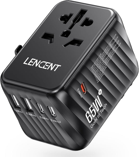 LENCENT International Travel Adapter, 65W GaN3 Universal Fast Charger with 2 USB A + 3 Type C PD, Worldwide Power Adaptor for Phones,Laptops, All in One Travel Essentials for EU/USA/UK/AU, Black