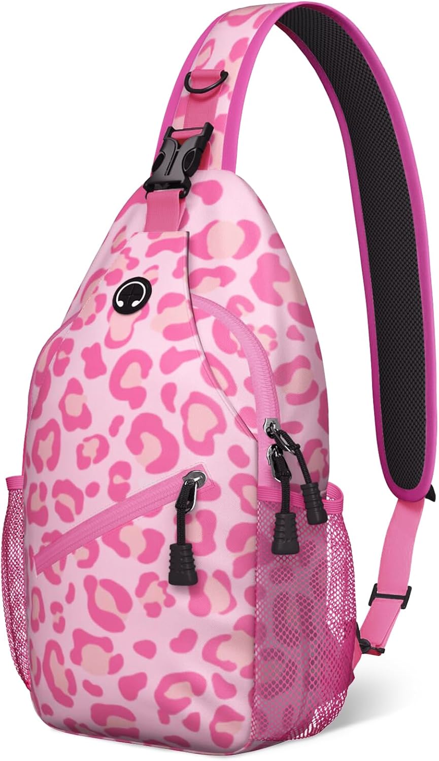 Pink Leopard Print Sling Bag Crossbody Chest Bag for Women Men, Water Resistant Lightweight Casual