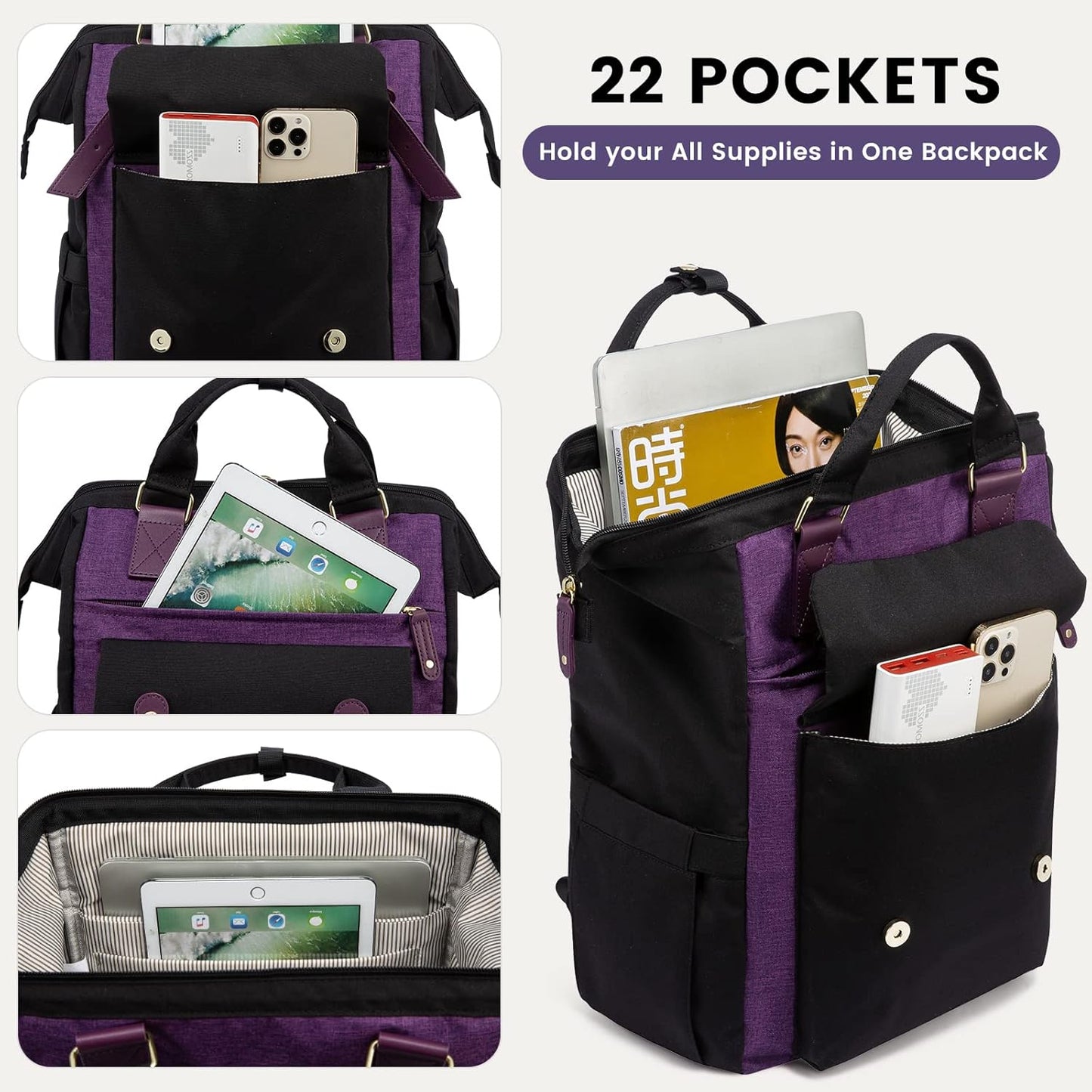 LOVEVOOK Laptop Backpack for Women Work Travel Backpack Commuter Business Computer Bag Teacher Doctor Nurse Bags College Backpack Purse, 17 Inch, Black-Purple-Purple