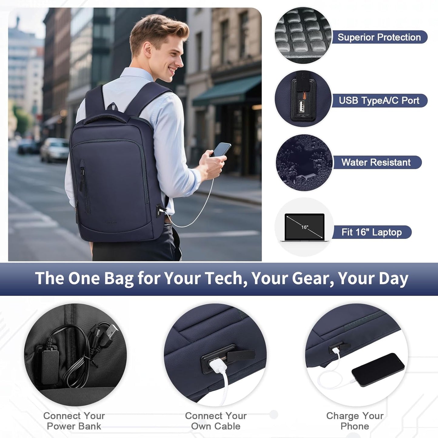 Shockproof Slim Laptop Backpack for Man, Fits 15.6" Laptops, Water Resistant Business Bag with USB A/C Port & Anti-Theft Pocket, Blue