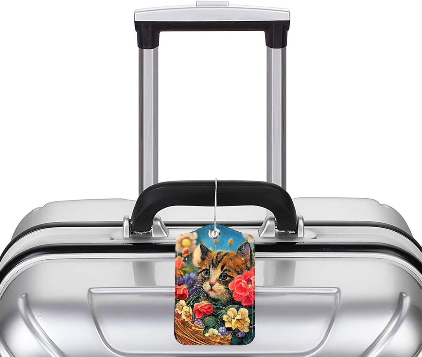 Luggage Tags for Suitcase Cute Cat and Flower 2 PCS Leather Travel Luggage Tag with Stainless Steel Loop Name ID Label Privacy Cover for Women Men Travel
