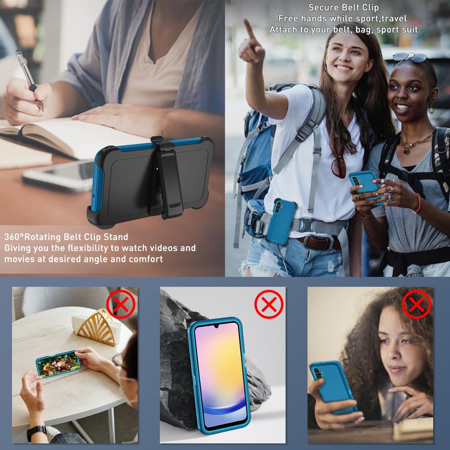 for Samsung Galaxy A17 5G case,A16 5G Heavy Duty case,with A Tempered Glass Screen Protector, [Military Grade Protective ] [Shockproof] [Dropproof] [Dust-Proof] (with Belt Clip-Lake Blue)