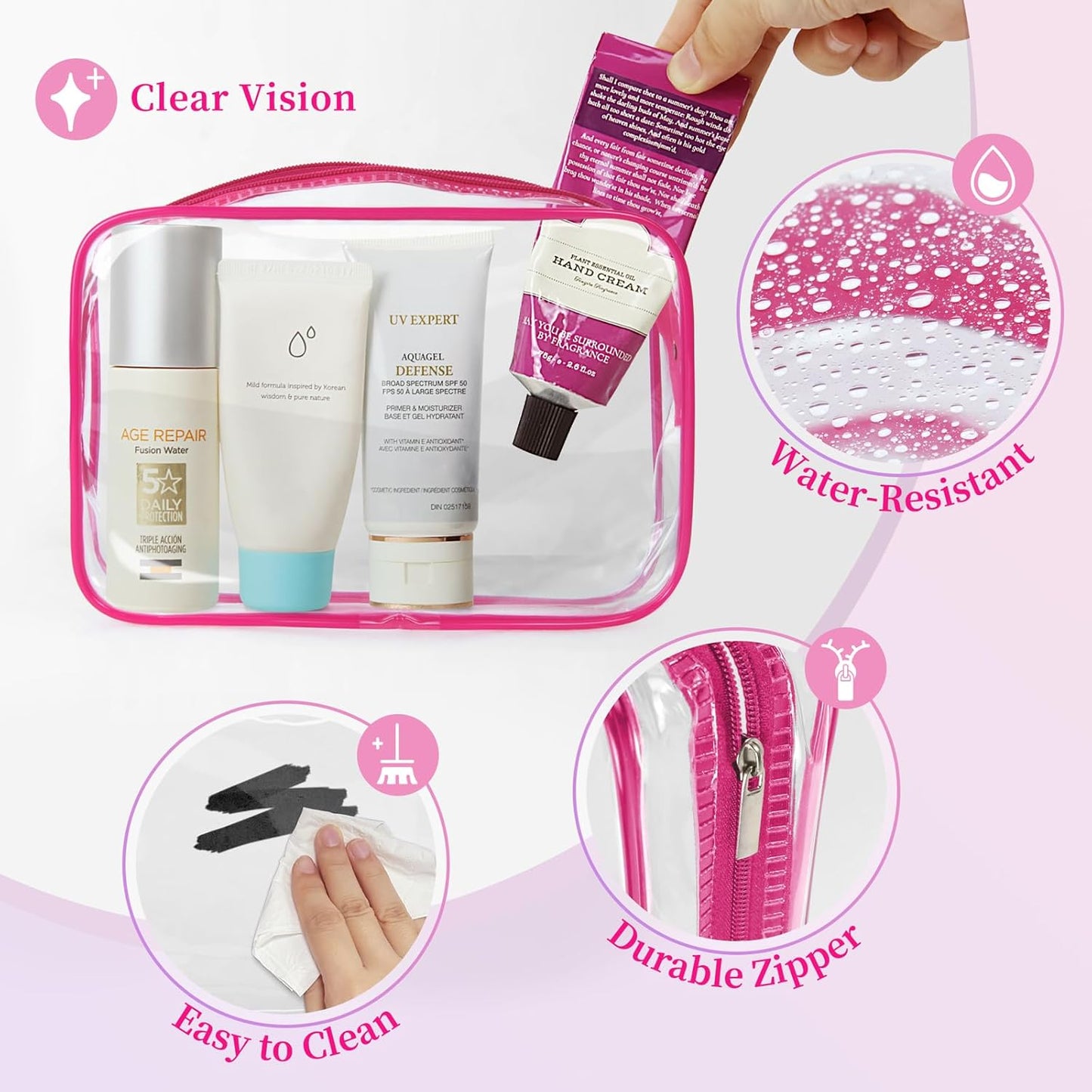 TISRATOK 12 PCS Clear Makeup Bag for Women with Zipper, TSA Approved Toiletry Pouch, Cosmetic Bag Bulk for Travel Organizer Essentials - Rose Red, Medium