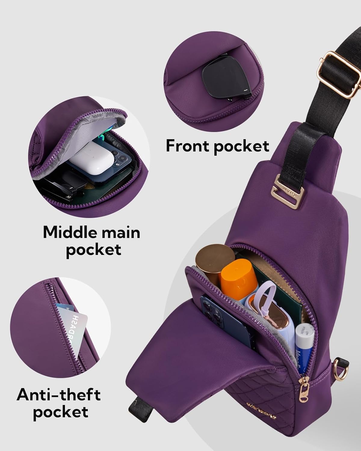 WATERFLY Small Crossbody Sling Backpack: Fashion Chest Crossbody Bag for Women Men Anti Theft Stylish Casual Daypack Trendy Travel Bags-Purple