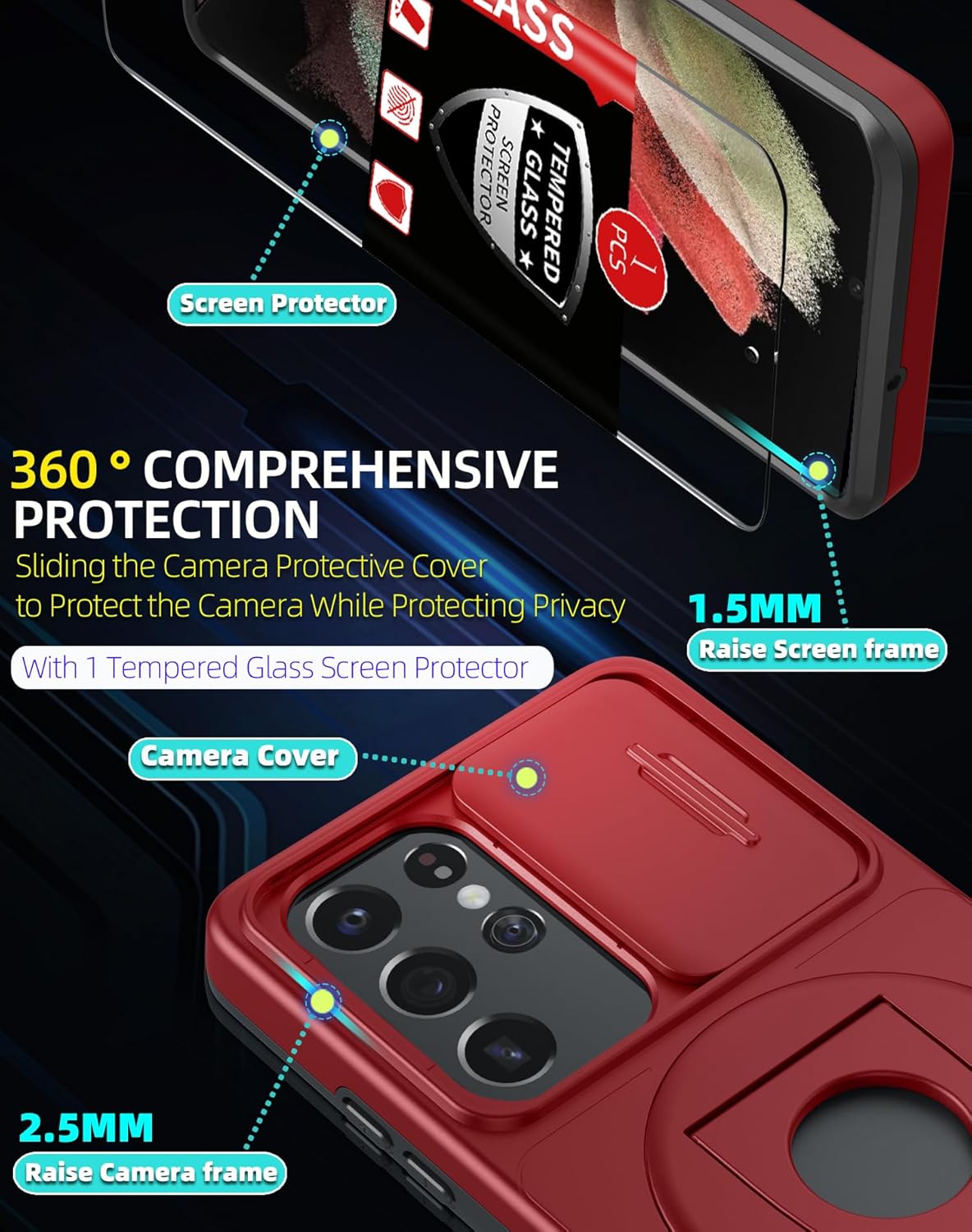for Samsung Galaxy S21 Ultra Case Magnetic Compatible with MagSafe Wireless Charging,with Screen Protector,Built-in Stand Ring+Camera Cover Anti-Scratch Shockproof Heavy Duty Protection Red
