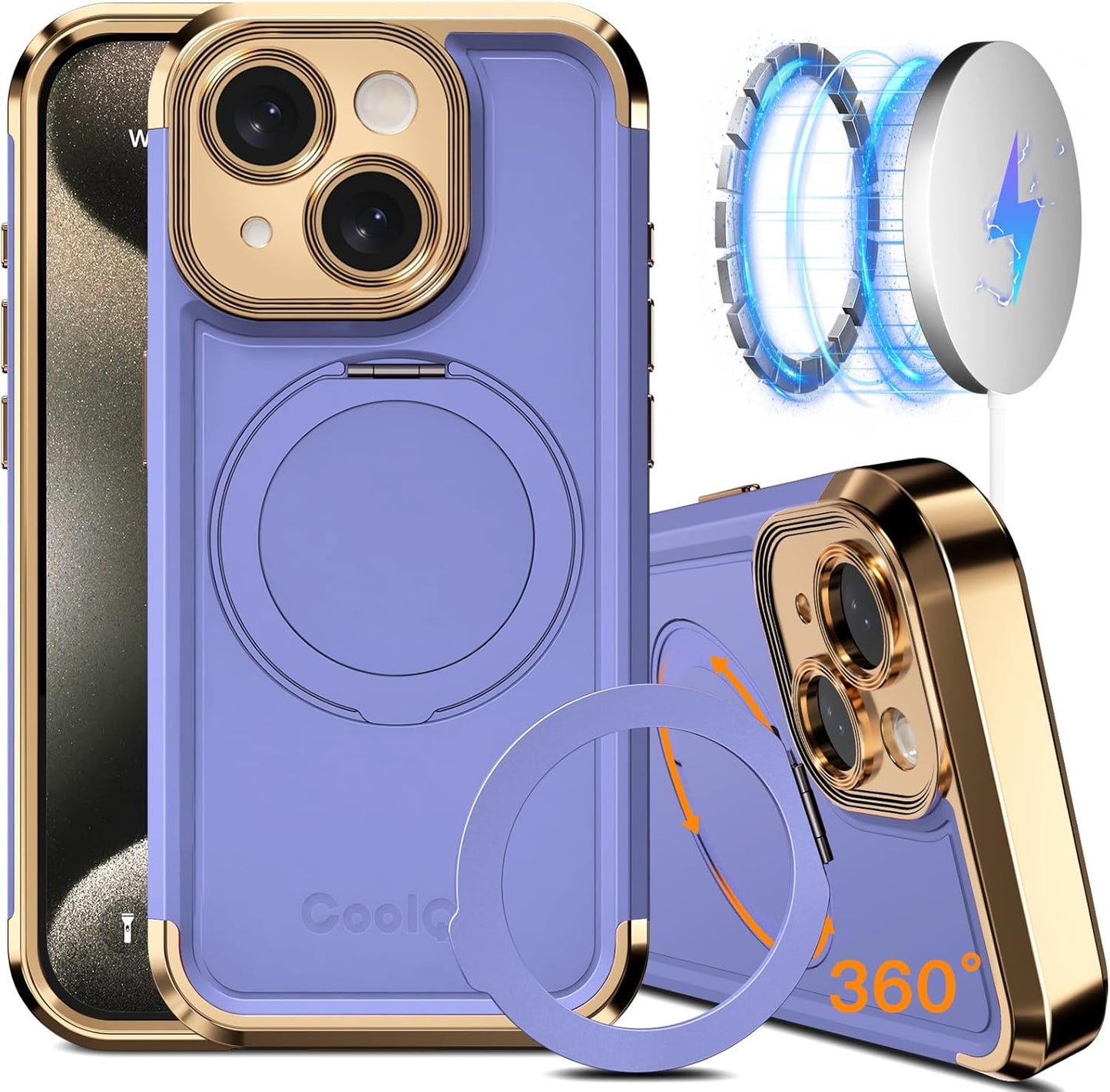 COOLQO for iPhone 13 Case 6.1'' Upgraded 360° Spin Magnetic Stand [Compatible with Magsafe][Military Protection] Plating Matte Scratch-Resistant Back Protective Shockproof Phone Case, Purple Gold