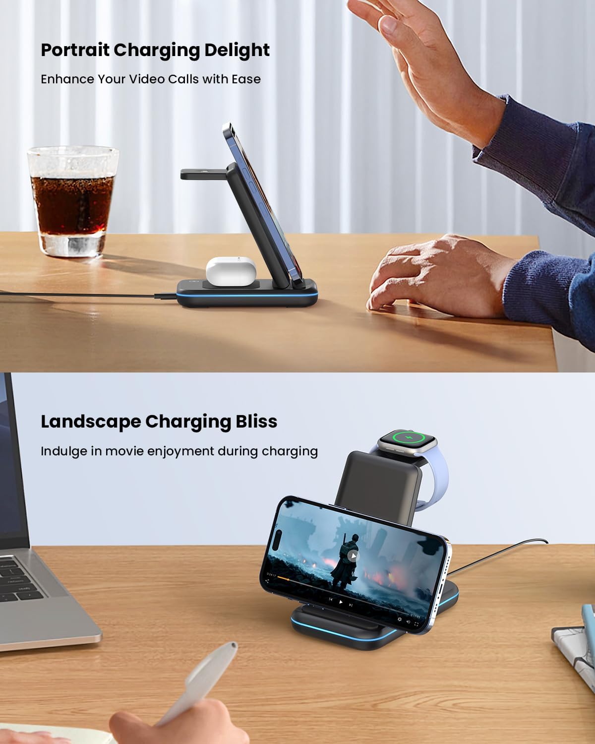 GEEKERA 3 in 1 Wireless Charging Station, Foldable Wireless Charger Stand for Multiple Apple Devices for iPhone 16 15 14 13 12 11 Pro Max Plus X, Apple Watch Ultra/10/9/SE/8/7/6/5, AirPods Pro/4/3/2