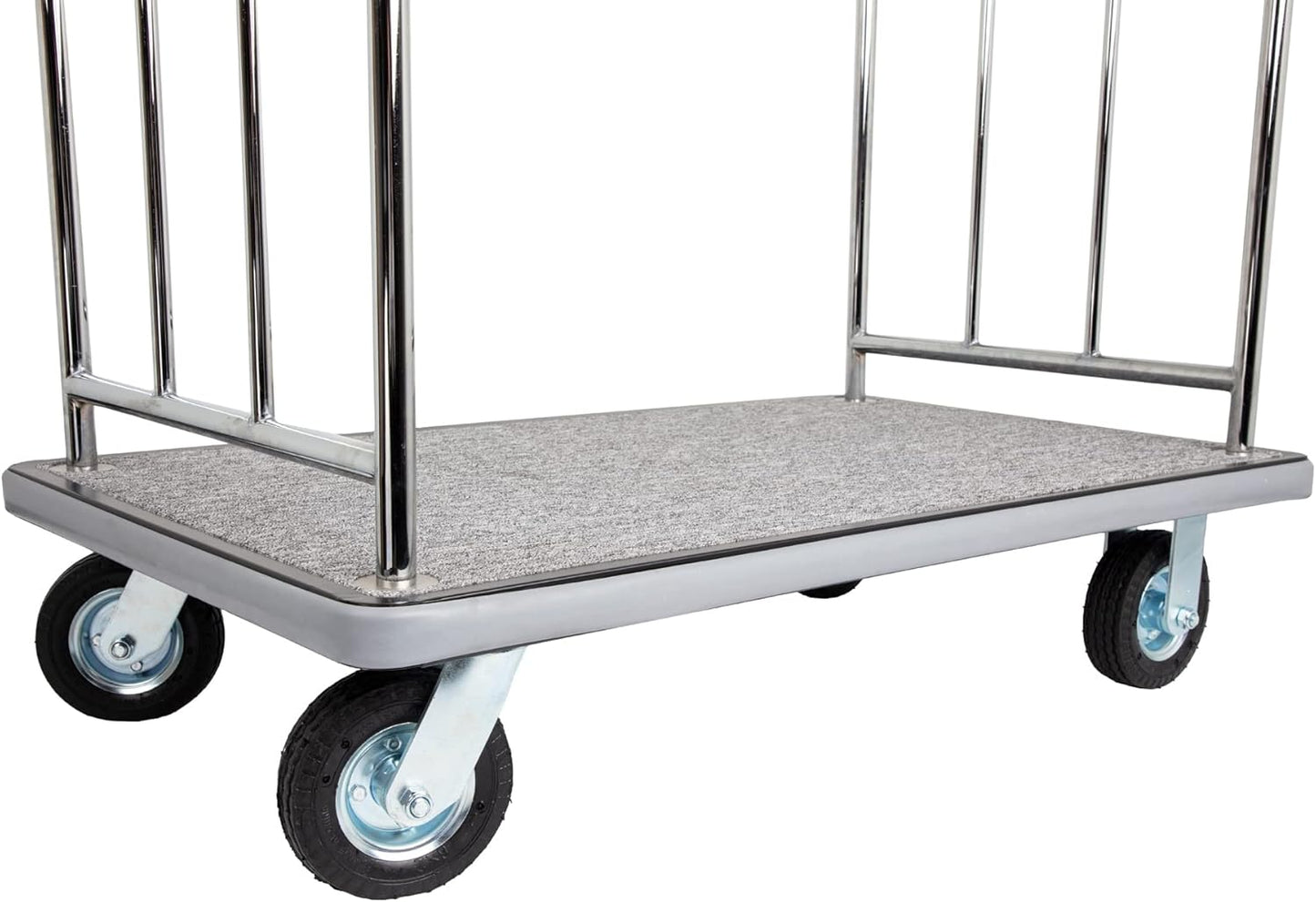 Value Valet Hotel Luggage Cart – for Commercial Use, Condos, Resorts – Chrome Bellman Trolley Cart w/ 6” Air Filled Tires & Gray Carpet, 800 lb Load Capacity