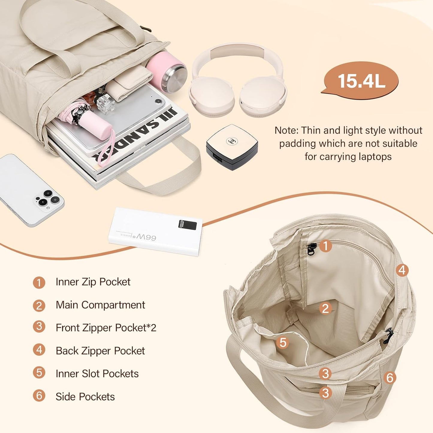 GOLF SUPAGS Foldaway Convertible Tote Backpack Lightweight Nylon Daypack for Women Men City Pack Versatile Backpack for Leisure Travel, Apricot