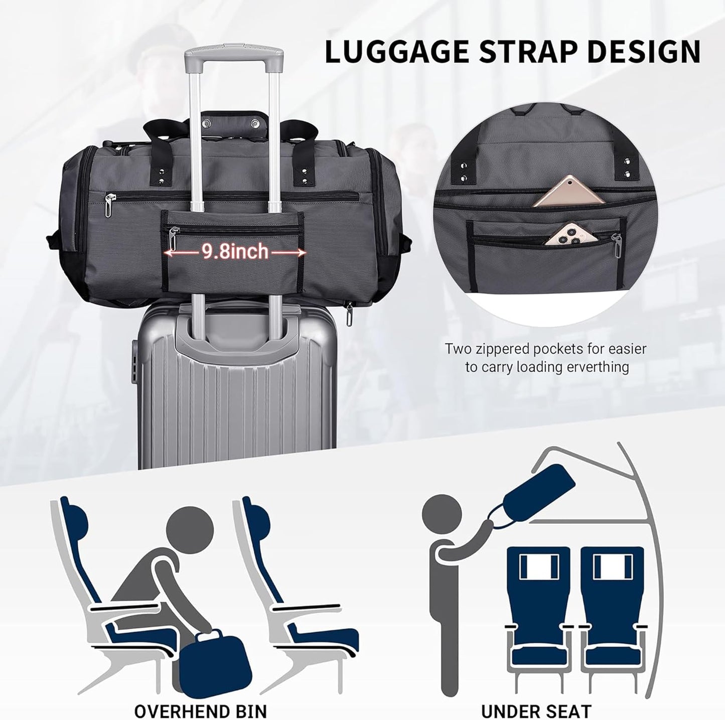 WITZMAN Travel Duffel Bags for Men Large Carry On Weekender Overnight Bag 3 in 1 Backpack with Shoe Compartment （B693 Silvery Grey)