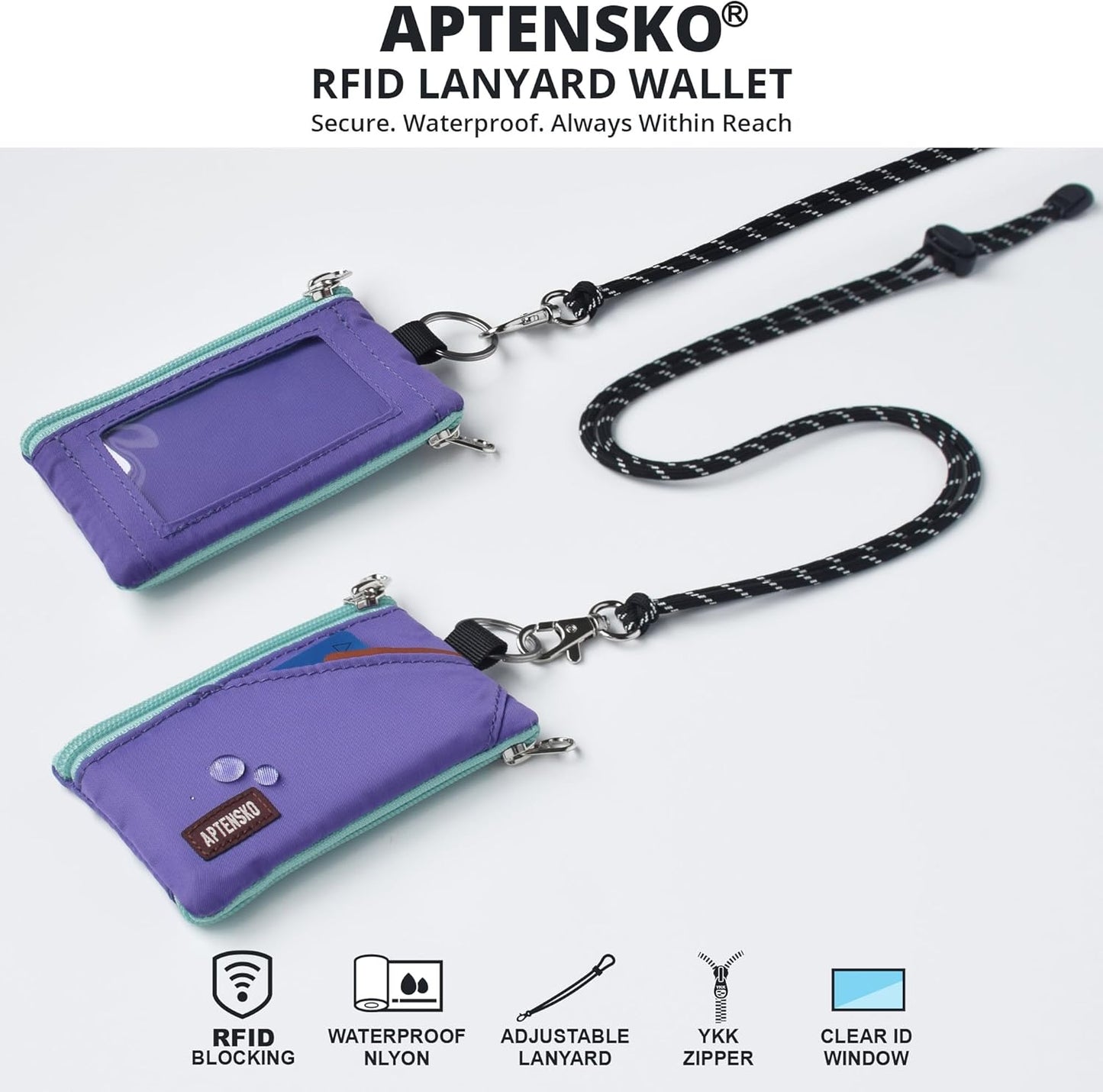 RFID Travel Wallet with Adjustable Lanyard-Zipper Small Wallet with ID Card Holder, Keychain for women&men-Minimalist Slim Waterproof Nylon case for ID, Cash, Key (Violet)