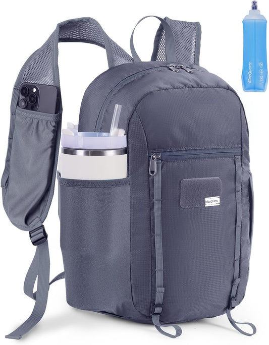Blue Quartz 15L Hiking Backpack with Soft Flask, Ultralight Hiking Daypack with Chest Pockets for Phone Sternum Straps, Lightweight Foldable Packable BackPack With Chest Strap (patent pending)
