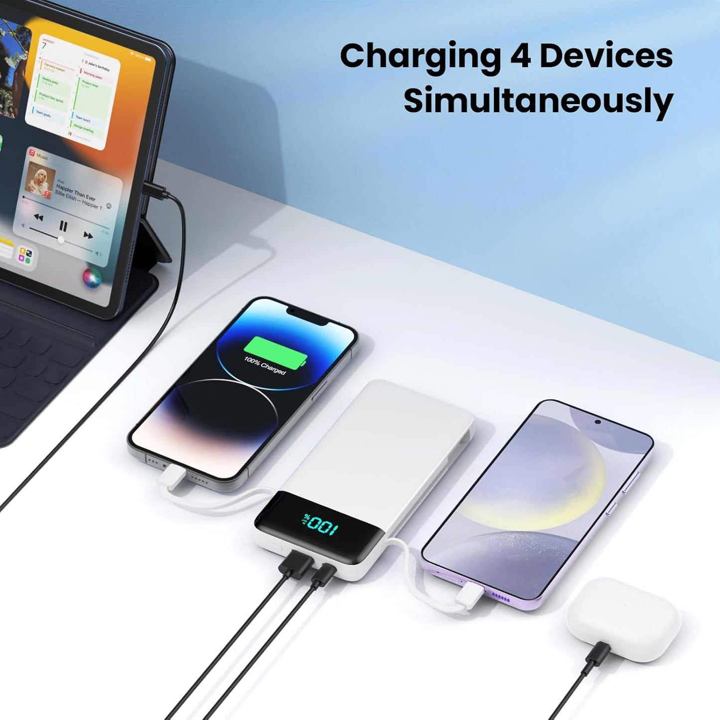 YHO Portable Charger 13800mAh for iPhone with Built-in Cables & AC Wall Plug,5-in-1 USB-C Power Bank,LCD Display External Battery Pack Phone Charger Compatible with iPhone 16/15/14,Android (White)