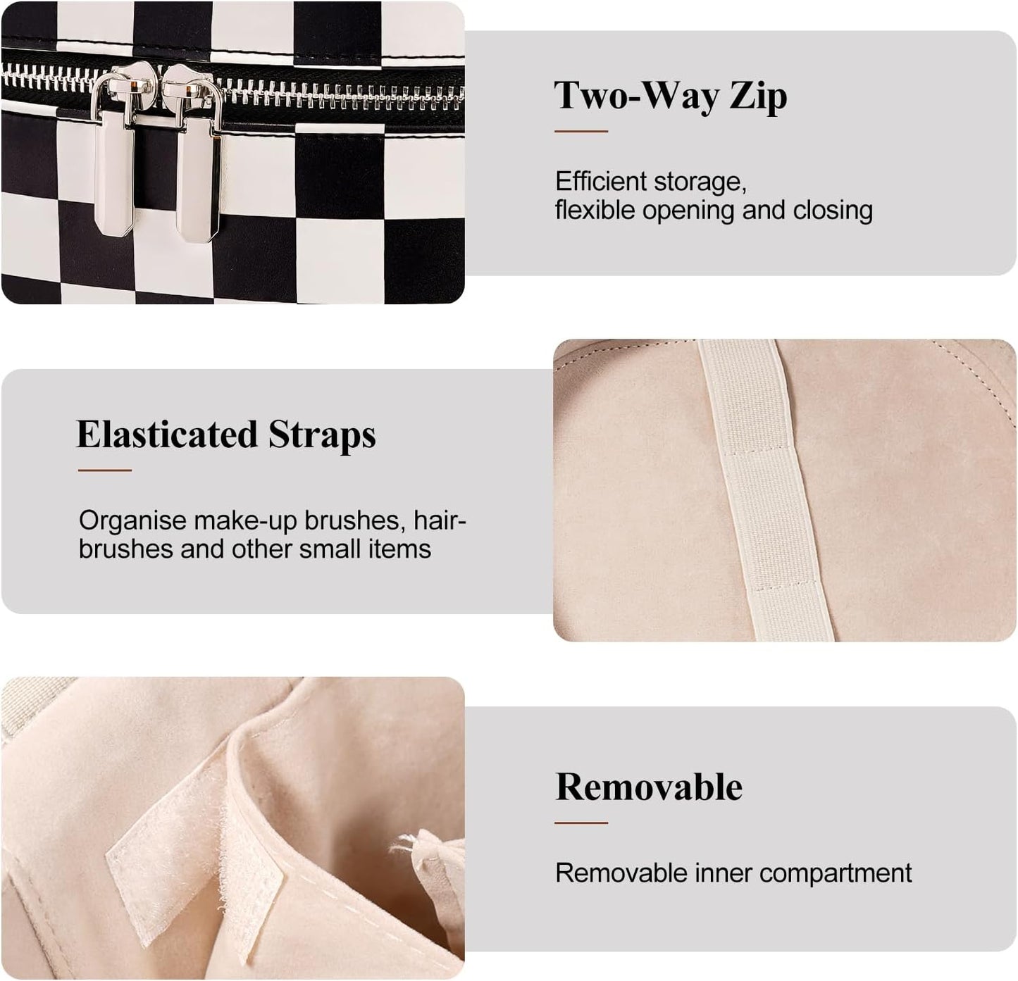 Makeup Bag, Checkered Makeup Bag with Compartments and Handle, Portable Cosmetic Organizer Bags,Toiletry Bag for Women