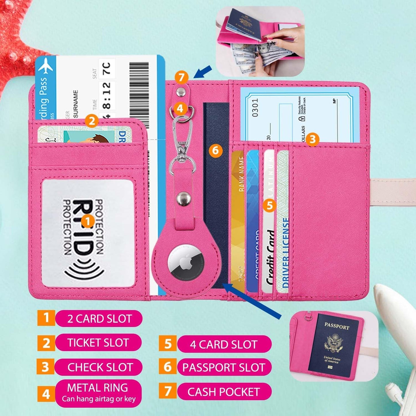 Passport Holder with Airtag for Women/Men,Airtag Passport Wallet for Travel,Cute Passport Holder Rfid Blocking,Travel Wallet for Cards Passport Cover Case (Rose)