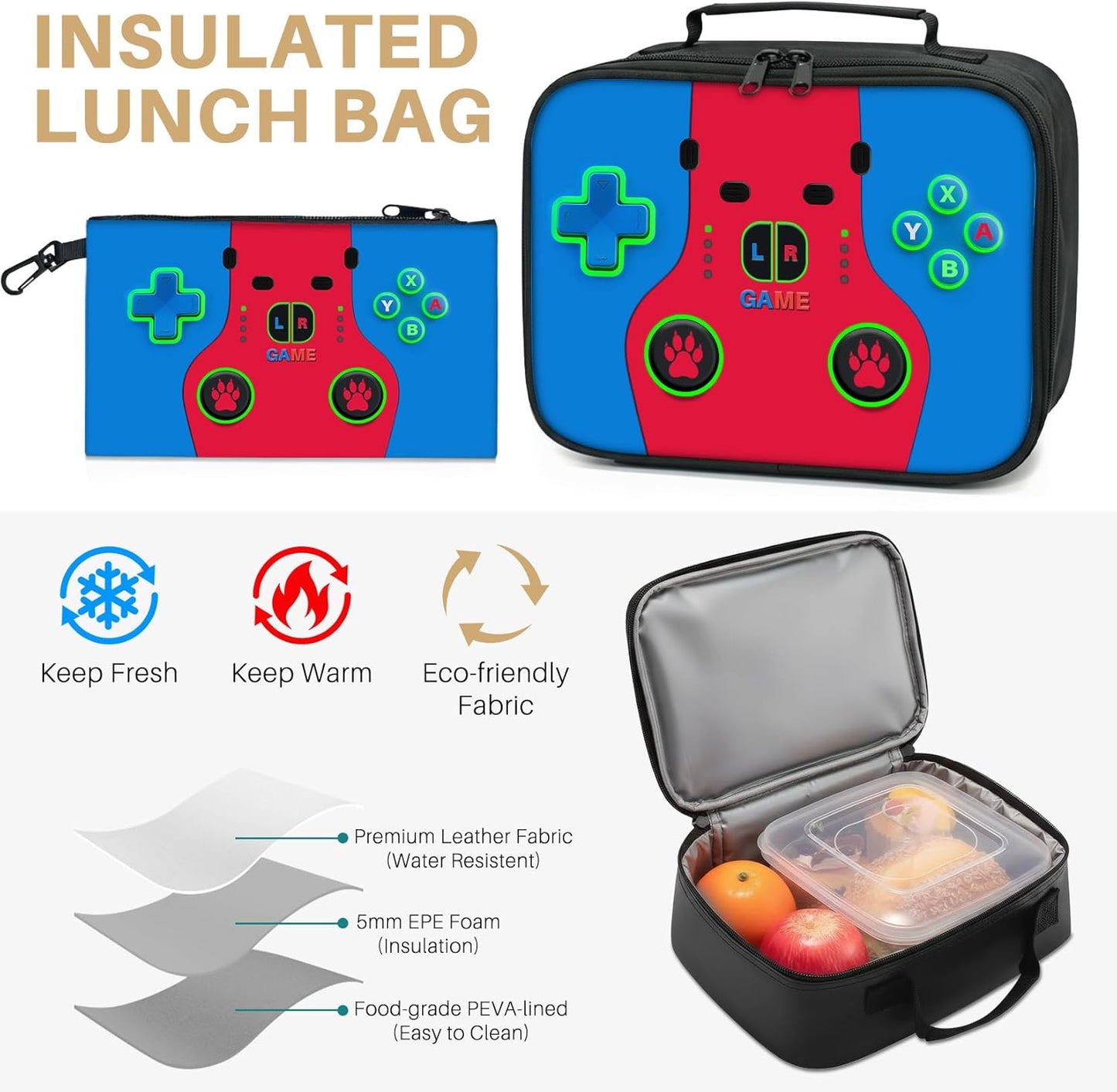 Boys Gamer Backpack Set with Lunch Bag & Pencil Pouch - 3-in-1 Video Game Backpack for Children Teen Boys, Big 17 Inch School Bookbag for Middle Elementary College