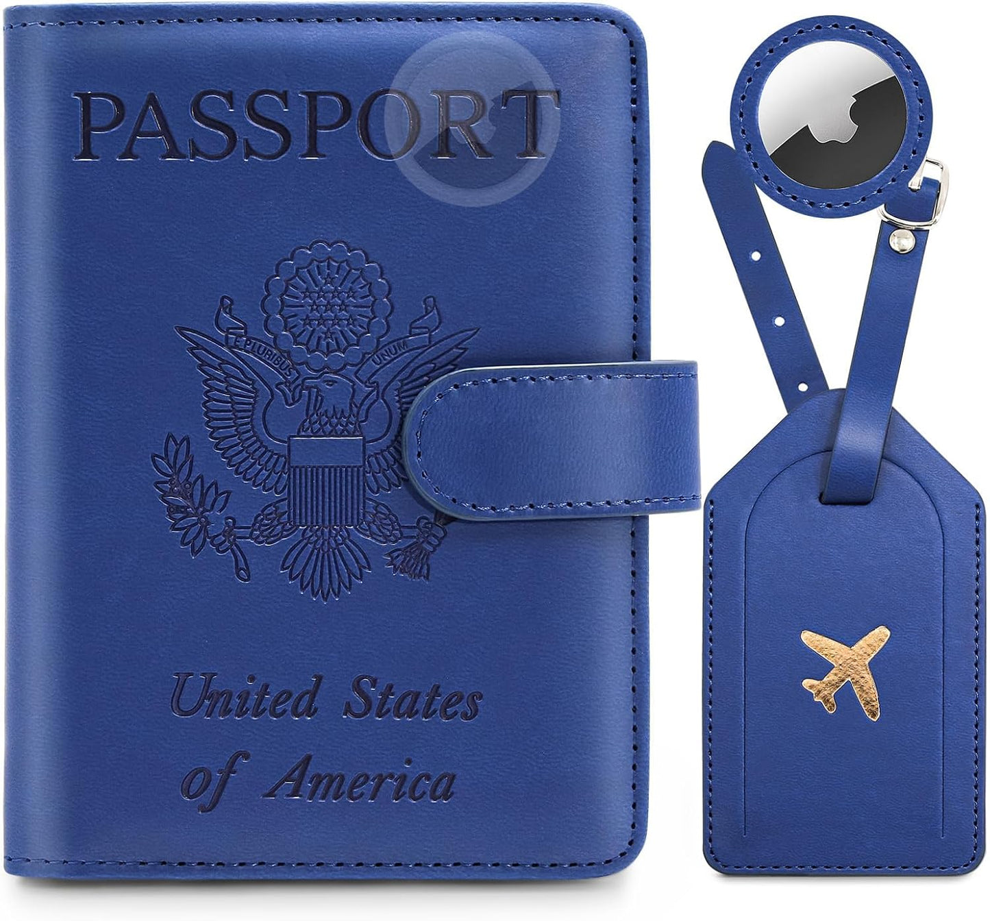 Passport Holder for Travel Family with Slot for AirTag & Luggage Tag Cover, – RFID Blocking Passport Wallet for Women & Men | PU Leather Passport Cover Case with Money Pocket – Blue