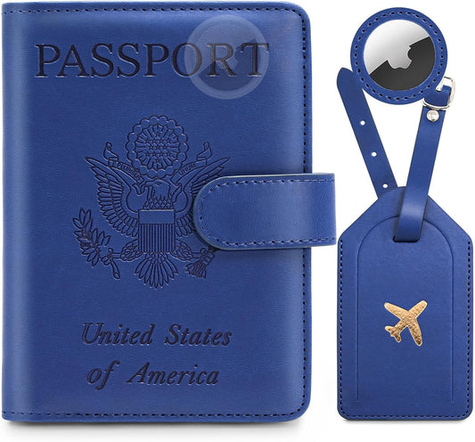 Passport Holder for Travel Family with Slot for AirTag & Luggage Tag Cover, – RFID Blocking Passport Wallet for Women & Men | PU Leather Passport Cover Case with Money Pocket – Blue