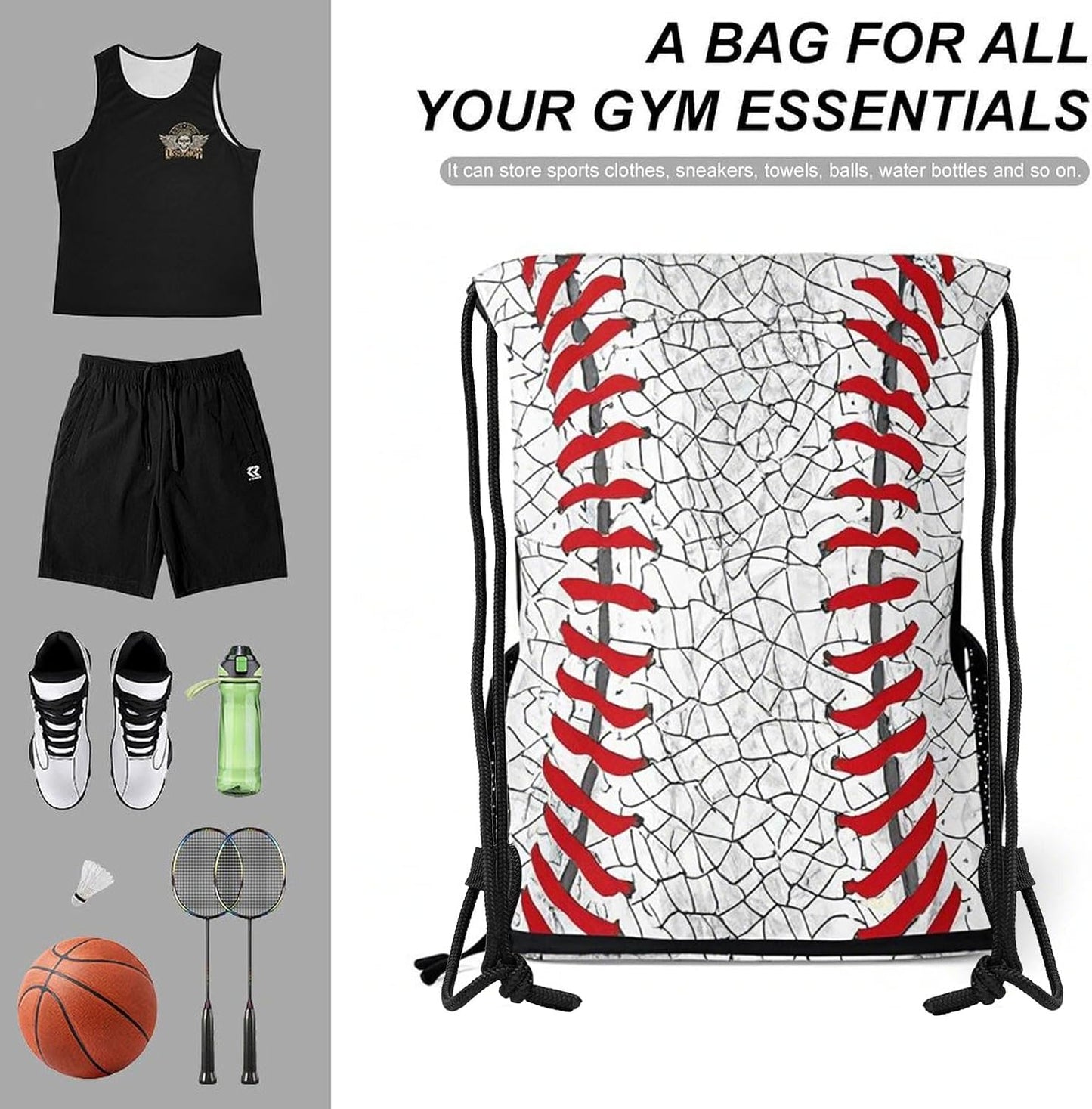 Baseball Drawstring Backpack Gym Bag With Shoe Compartment String Bag Sport Beach Swimming Sackpack For Women Men