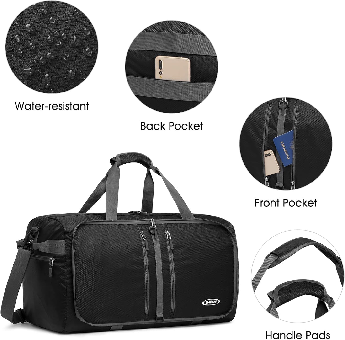 G4Free 40L/65L Foldable Duffel Bag, Water-Repellent Travel Backpack, Lightweight Carry Bag for Overnight Weekender Sports Men Women
