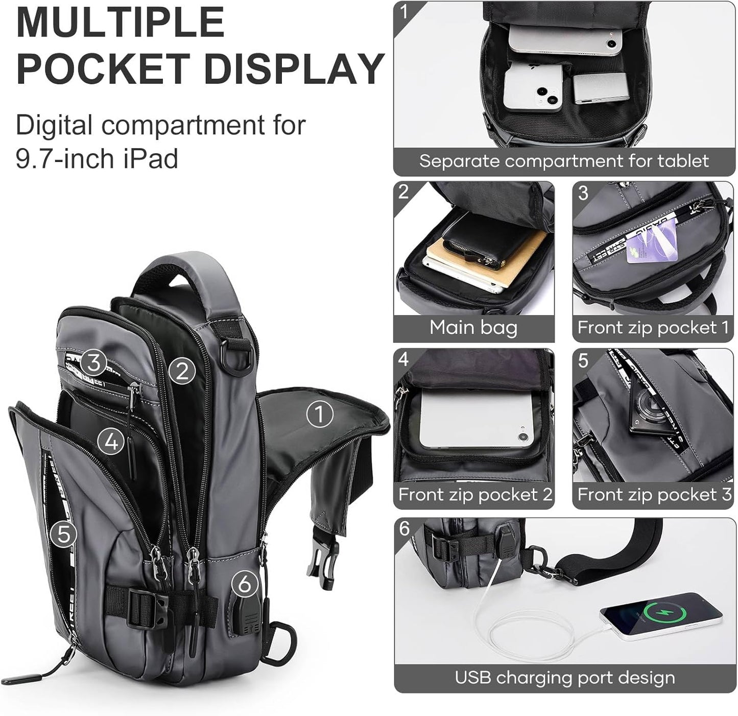 Sling Bag for Men Women, Mini Anti Theft One Strap Motorcycle Sling Backpack, Small Sling Chest Bag Daypack Crossbody Backpack for Casual Travel Hiking Gym Outdoor Sports Grey
