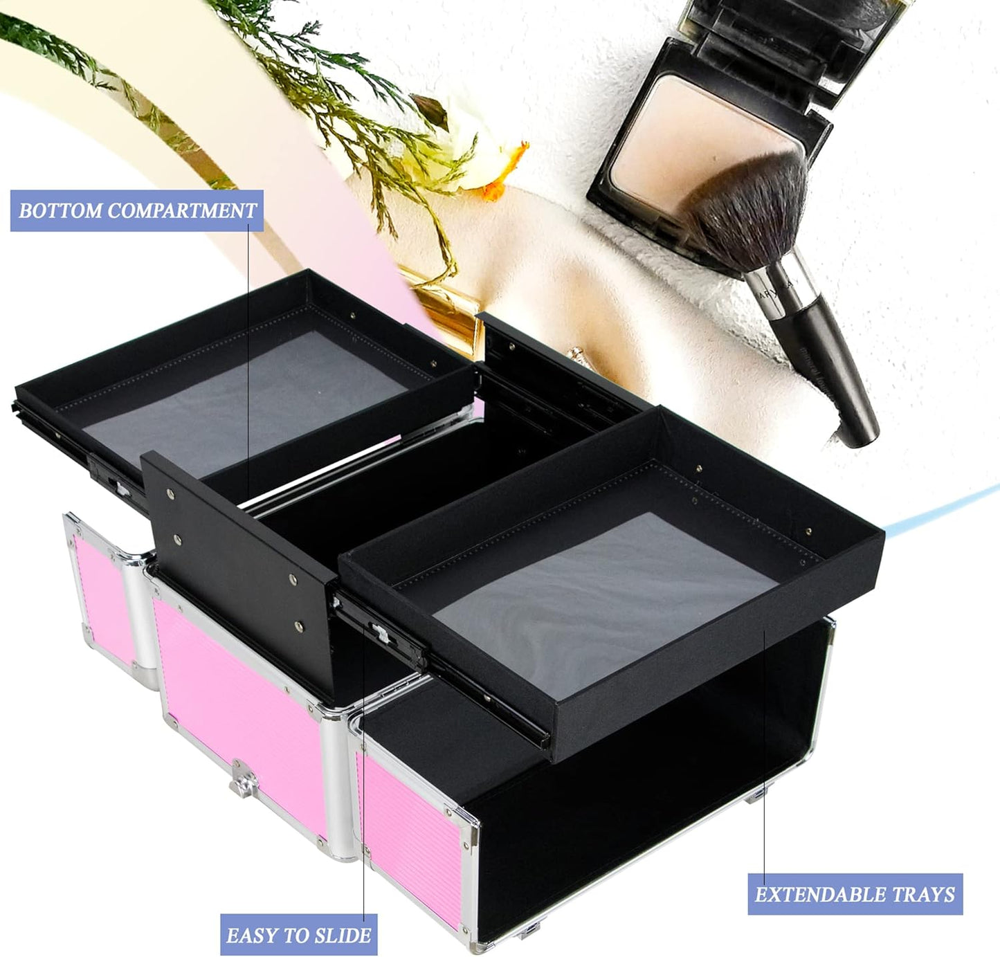 Ver Beauty Makeup Organizer, Cosmetic Travel Kit, Makeup Artist Supplies, 2 Sliding Trays, Lockable Storage Box, Makeup Train Case, Aluminium Case, Lightweight Makeup Vanity (Pink Stripes)