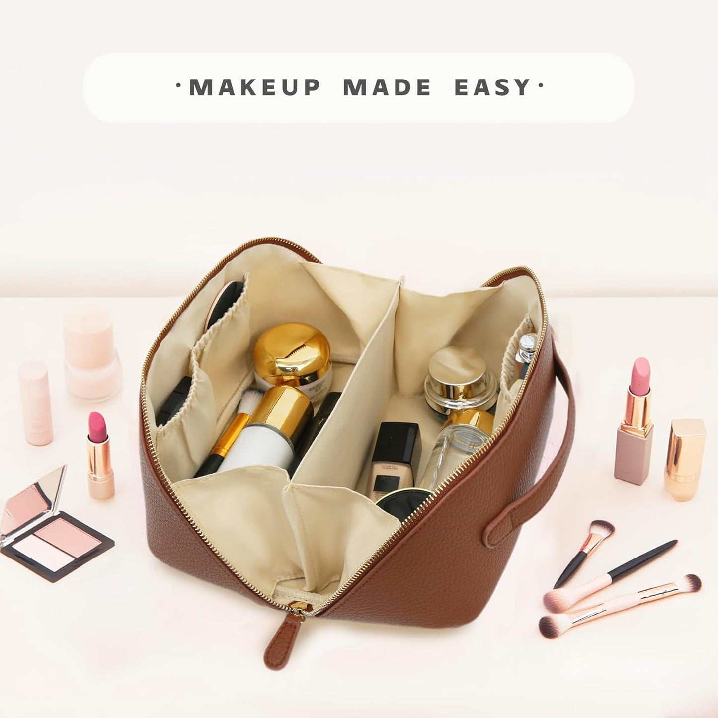 Travel Makeup Bag – Large Cosmetic Organizer with Waterproof PU Leather, Smooth Double Zipper & Tear-Resistant Lining, Toiletry Pouch for Women (Brown)