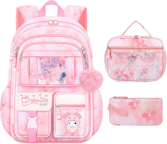 Backpack for Girls 3pcs Set, Kids Backpack for Girls with Lunch Box Pencil Case Set for Teens Elementary Middle School Bags (Pink-3 Pieces Set-1)