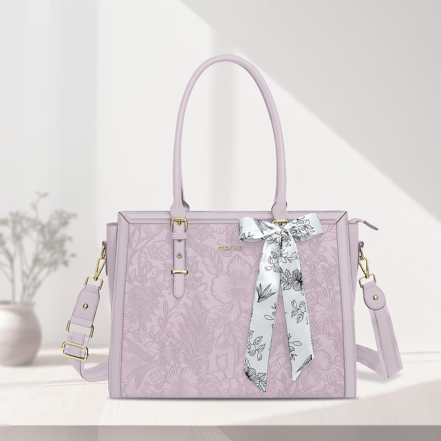 MOSISO Laptop Bag for Women, PU Leather Tote Bag, Front Embossed Retro Hibiscus Computer Bags with
