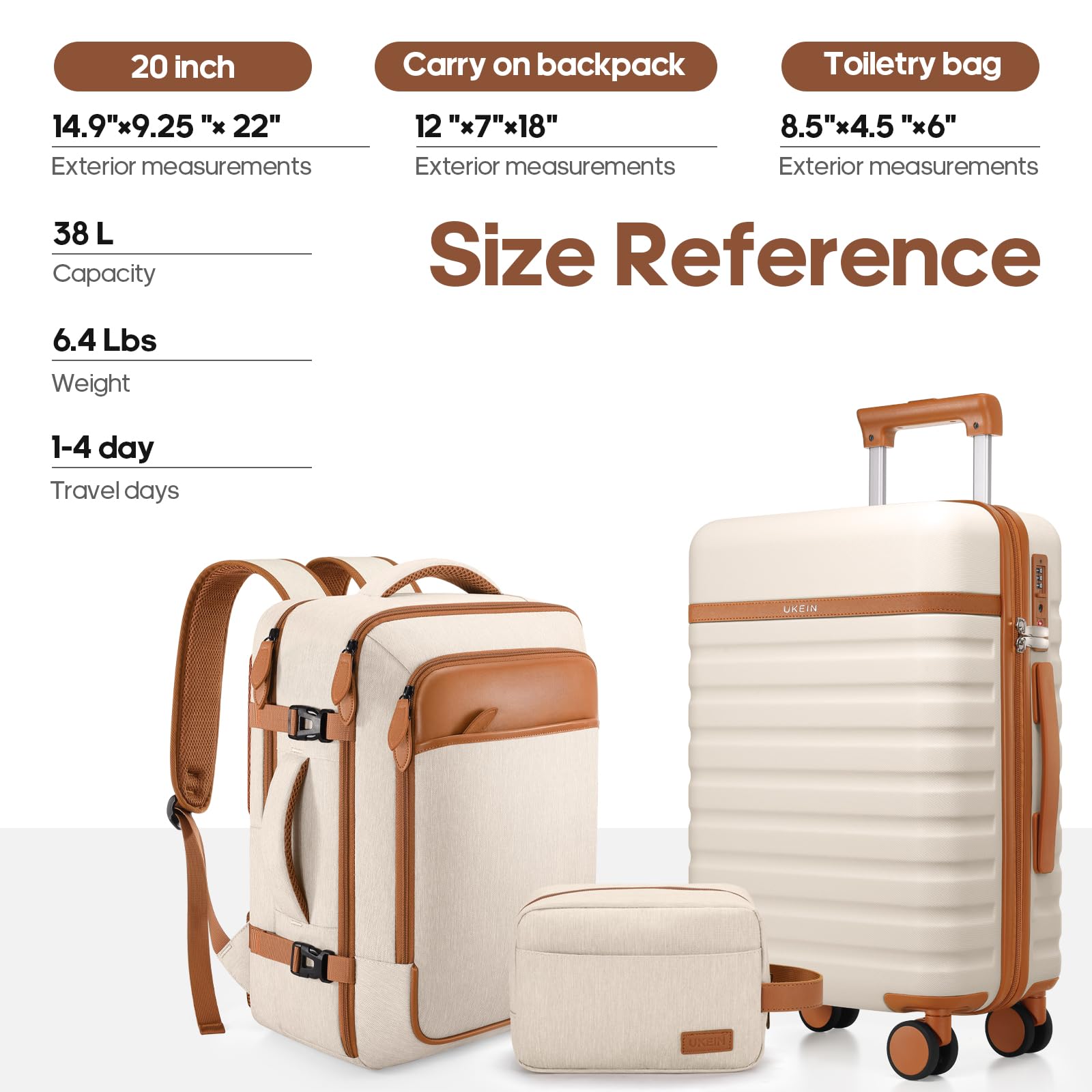 UKEIN Luggage Sets 3Piece, Carry On Luggage 20in Suitcase Set With Backpack