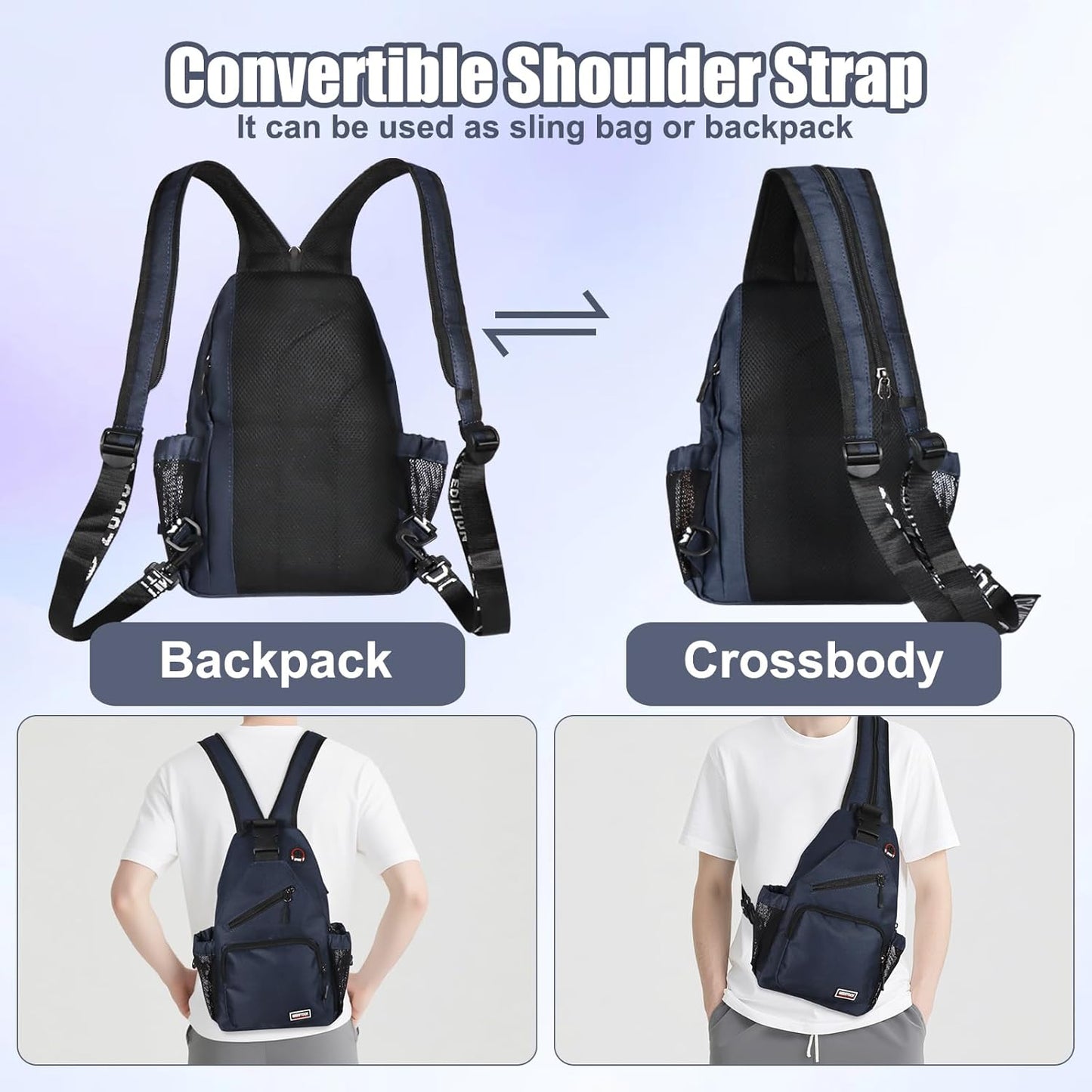 Sling Bag for Women Man, Convertible Sling Backpack with Convertible Shoulder Strap Casual Backpack Daypack for Travel, Hiking and Daily Commute, (Dark Blue, Large)