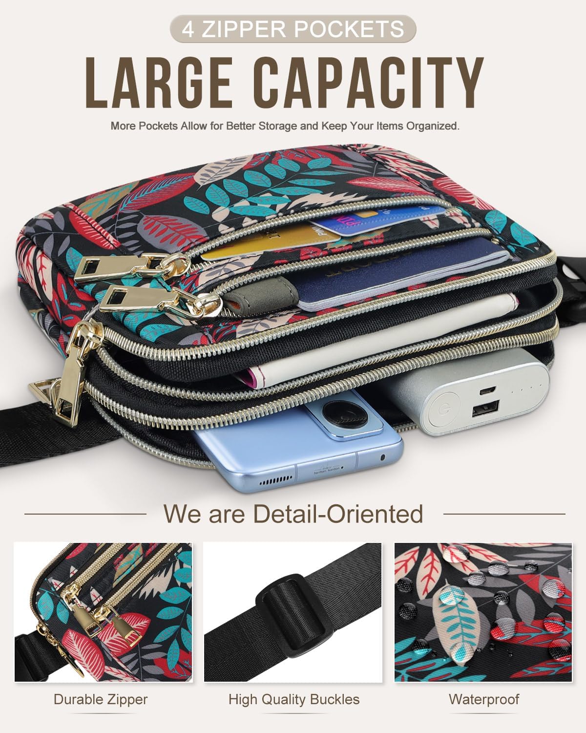Capolo Fanny Packs for Women Fashion Waist Packs Bag with Adjustable Strap and 4 Zipper Pockets Waterproof Everywhere Crossbody Belt Bag for Workout Running Travelling(Red Leaves)