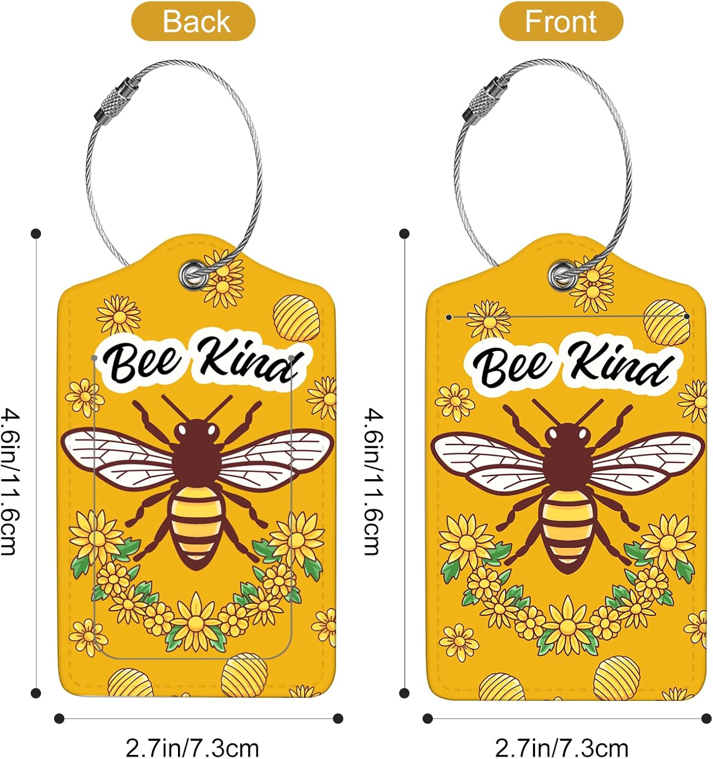 2Pack Luggage Tags for Suitcases, Cute Unique Pu Leather Cruise Luggage Tag with Privacy Cover ID Label Address Card and Metal Ring Suitable for Women Men Kids Travel Bag Bee
