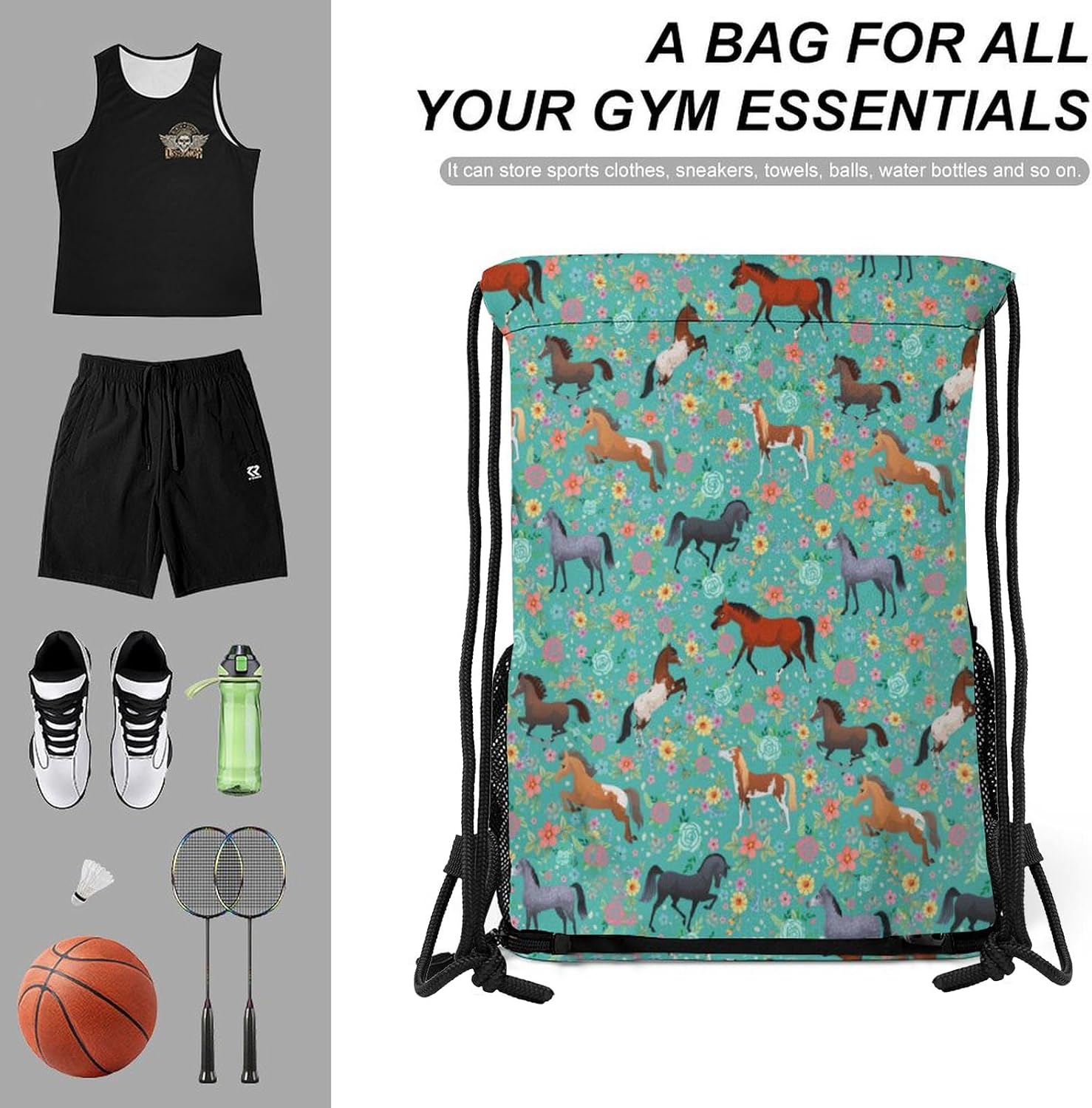 Horse Flower Drawstring Backpack Gym Bag With Shoe Compartment String Bag Sport Beach Swimming
