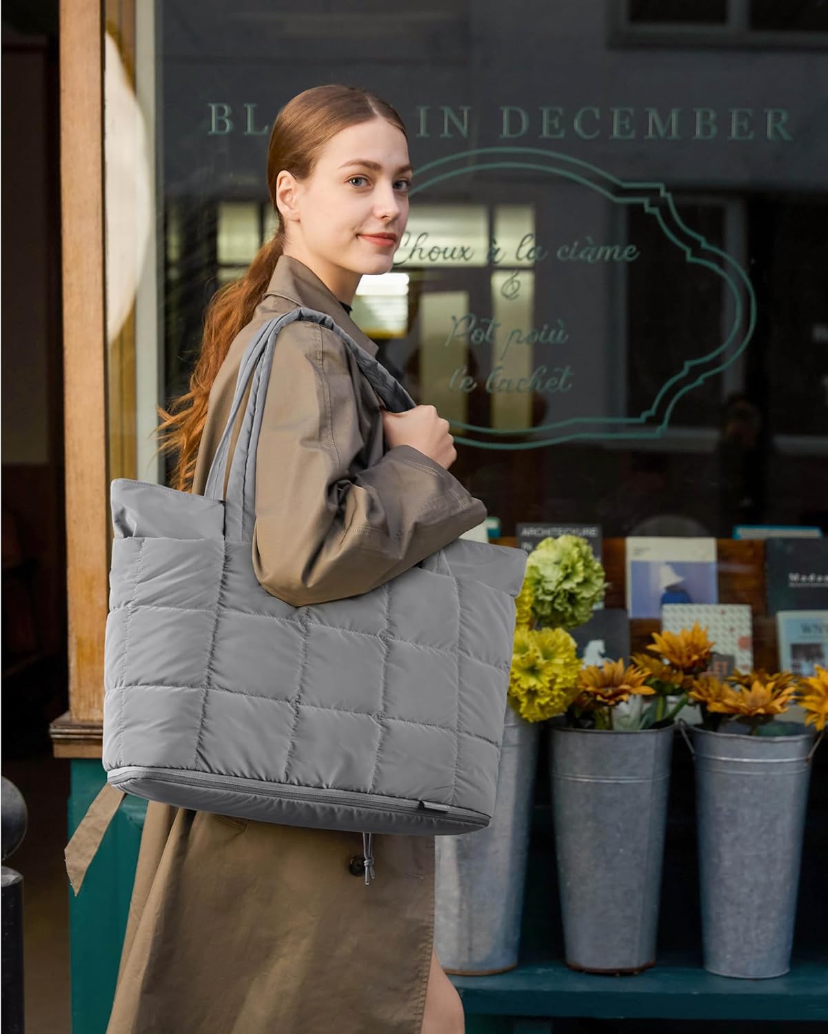 BAGSMART Expandable Tote Bag for Women, Puffer Work Tote Handbag, Quilted Carry-On Travel Gym Bag