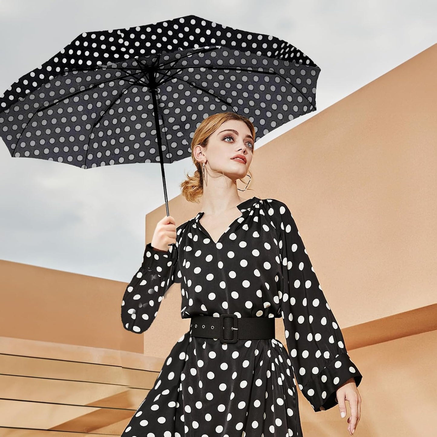 SIEPASA Windproof Travel Compact Umbrella-Automatic Umbrellas for Rain- Folding Umbrella, Travel Compact Umbrella.(Black Polka Dots)