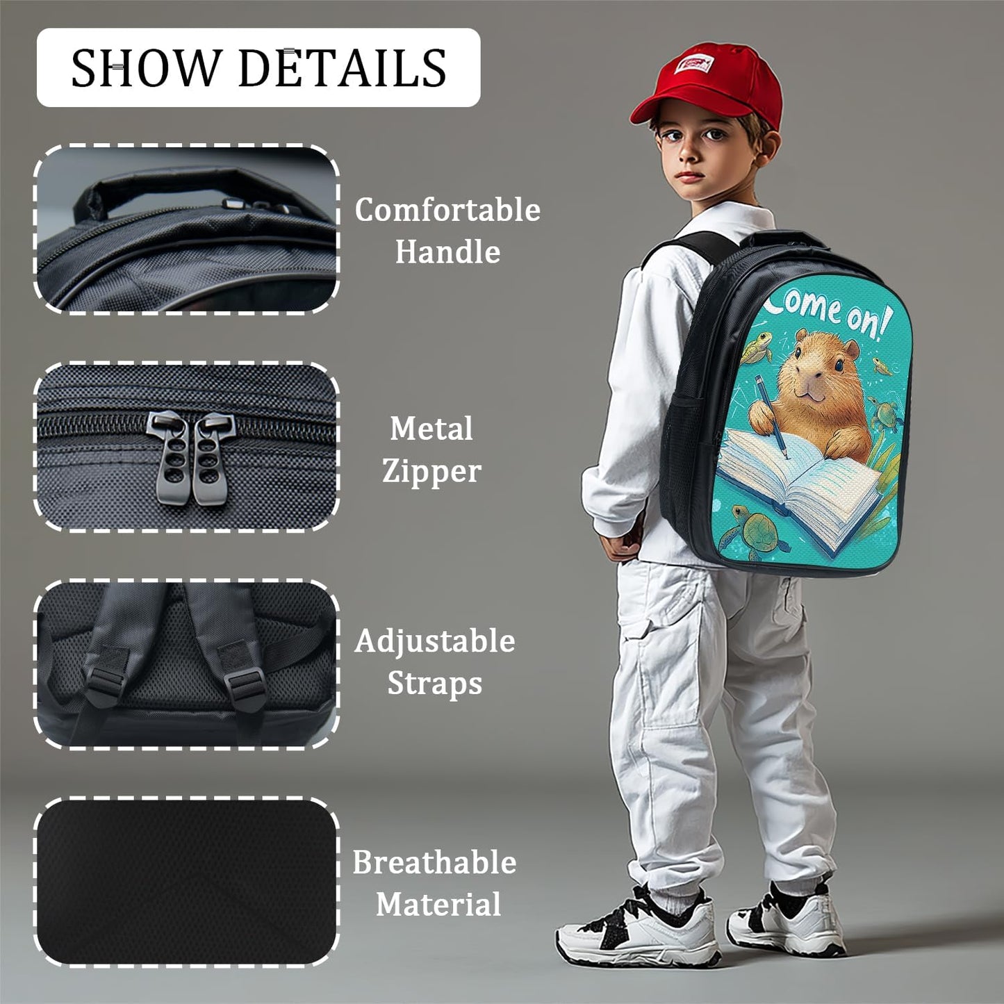 Funny Capybara Backpack School Bag 3PCS Backpack 16 Inch with Lunch Bag Set Lightweight for Teen Boys Girls Kids Elementary Middle School