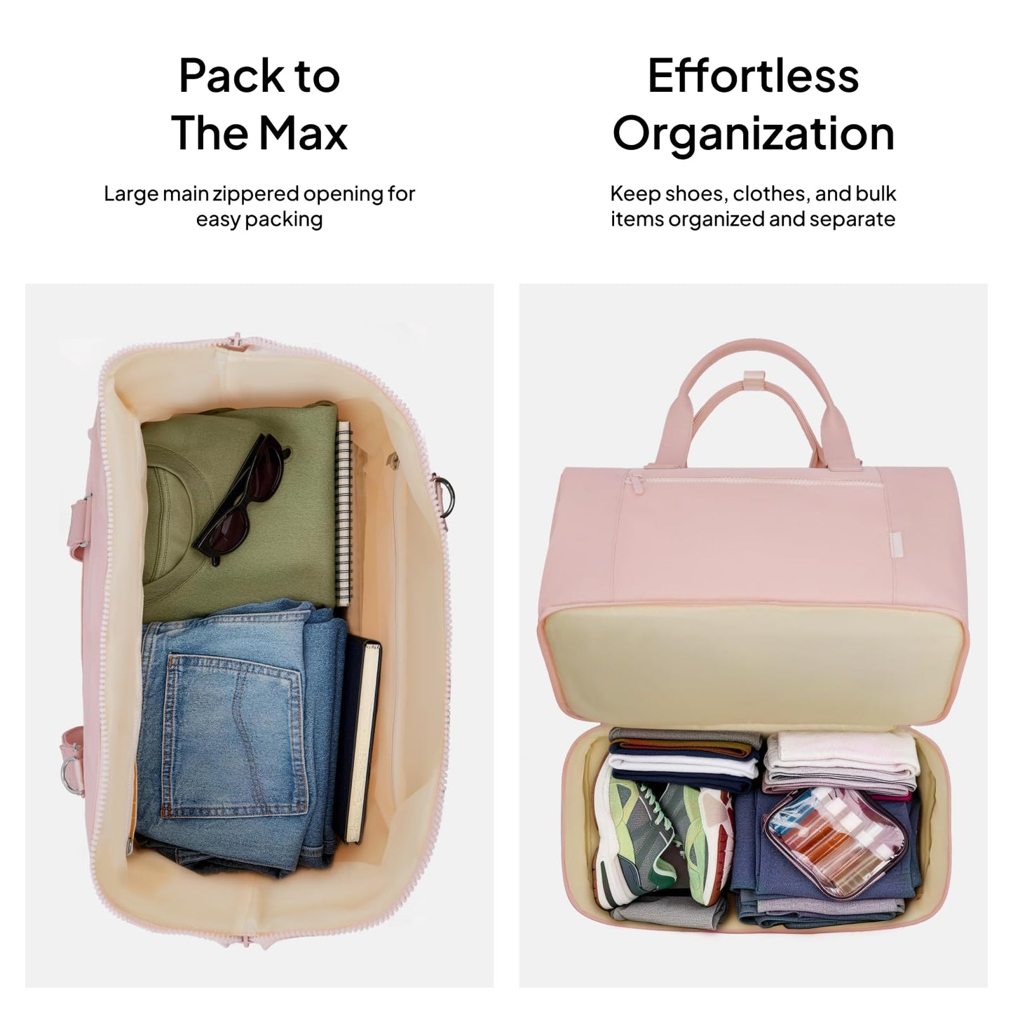 Travel Duffle Bag for Women, 40L Weekender Bags Airline Approved Carry On with Shoe Compartment &