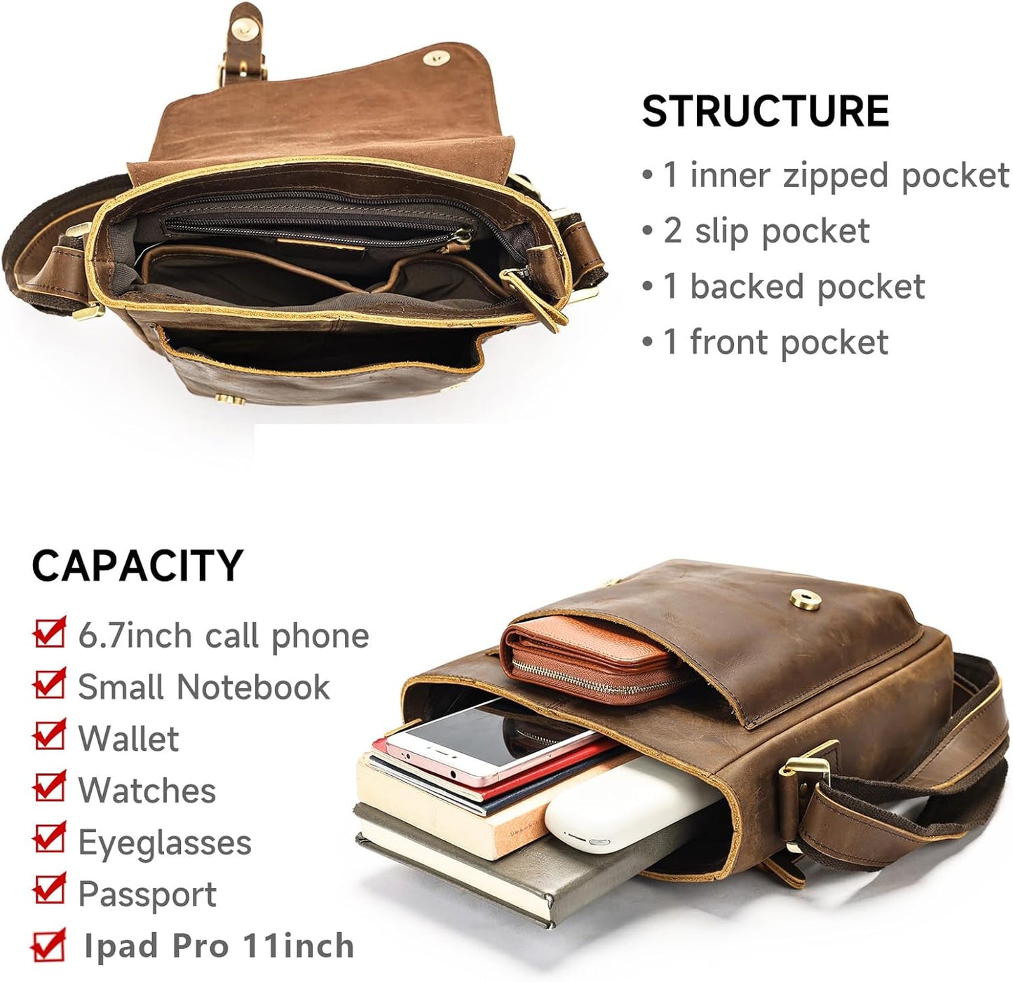 Men Leather Messenger Bag Vintage Working Shoulder Crossbody Bags Purse Daypack Handbags for Women Gift