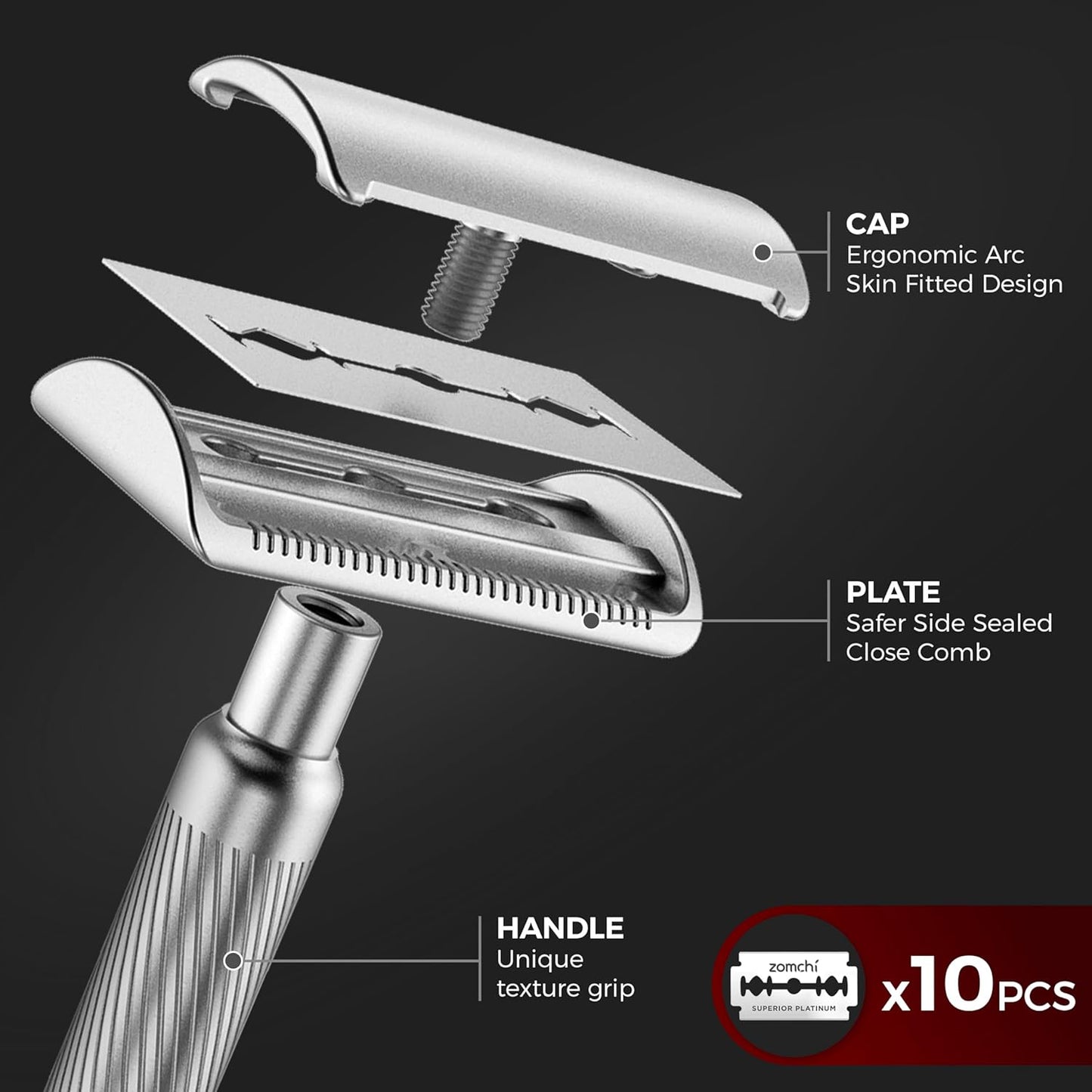 ZOMCHI Double Edge Safety Razor for Men & Women,[New Version 2.0 ] Metal Razor with 10 Double Edge Safety Razor Blades, Single Blade Razor with Stand – Noble Silver