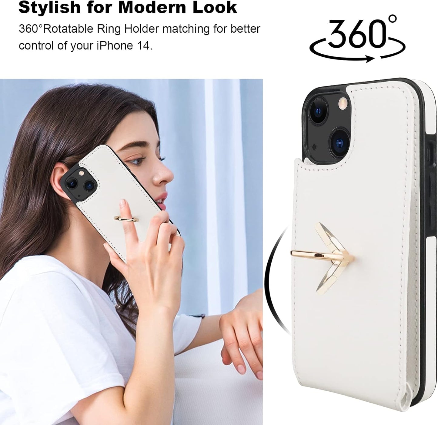 Folosu Compatible with iPhone 14 Case Wallet with Card Holder, 360°Rotation Finger Ring Holder Kickstand, RFID Blocking Leather Protective Double Buttons Shockproof Cover 6.1 Inch White