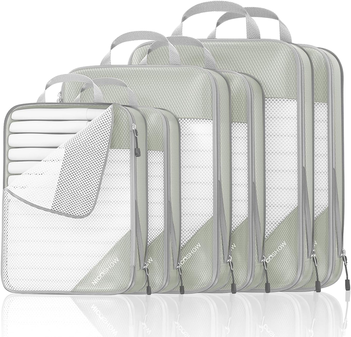 Compression Packing Cubes 6 Set, Compressible Space-Saving Packing Cubes for Travel - Compression Bags, Luggage Organizer, Travel Essentials for Women, Light Grey