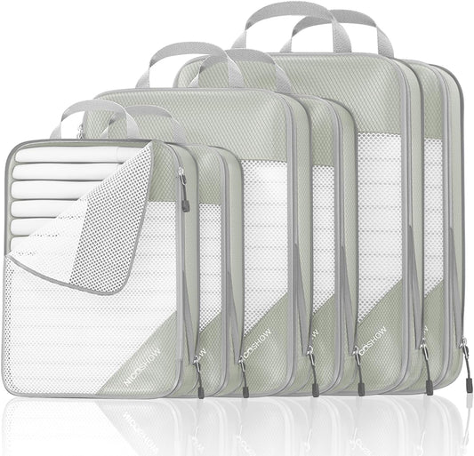 Compression Packing Cubes 6 Set, Compressible Space-Saving Packing Cubes for Travel - Compression Bags, Luggage Organizer, Travel Essentials for Women, Light Grey
