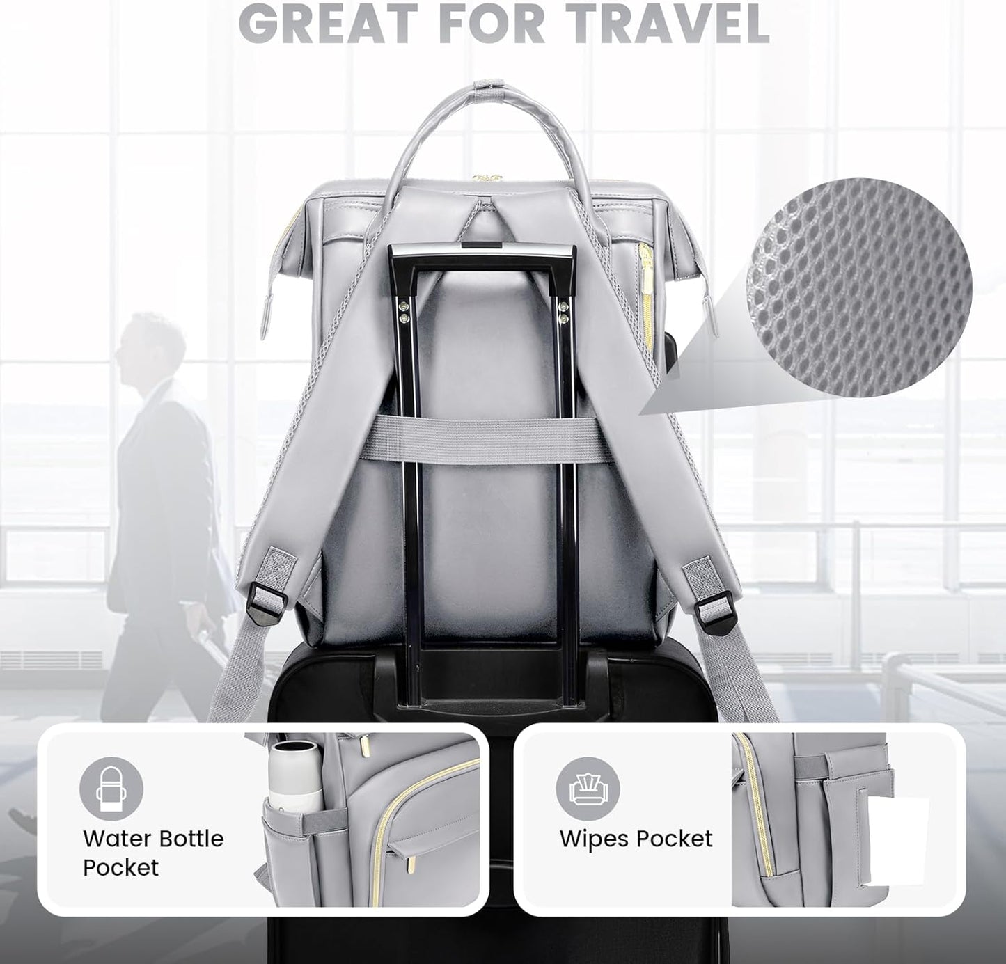 LOVEVOOK Leather Laptop Backpack for Women 15.6 inch,Travel Backpack Purse Nurse Teacher Backpack Computer Laptop Bag,Professional College Business Work Carry On Backpack with USB Port,Elephant Grey
