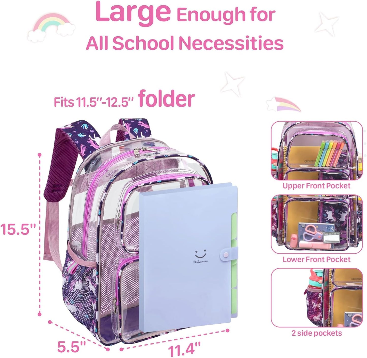 Bagseri Clear Backpack for Girls - 15 Inch Clear Bookbag for Kids Aged 3 to 8 Heavy Duty