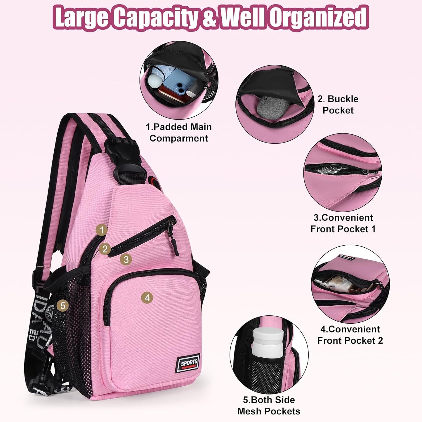 Sling Bag for Women Man Sling Backpack with Convertible Shoulder Strap Casual Backpack Daypack for Travel, Hiking and Daily Commute, (Pink, Small)
