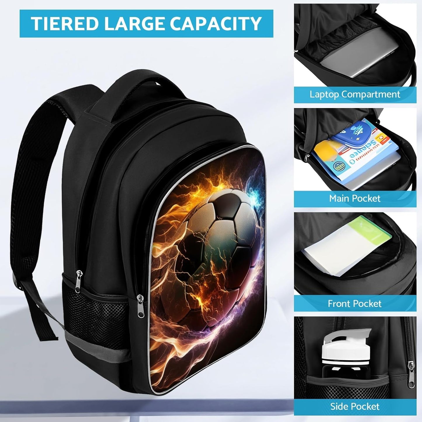 School Backpack for Boys - Soccer Boys Backpack for Kids Children Teens Elementary Middle School - Students Bag for Ages 6-18,17″Bookbag Multifunctional Large Capacity