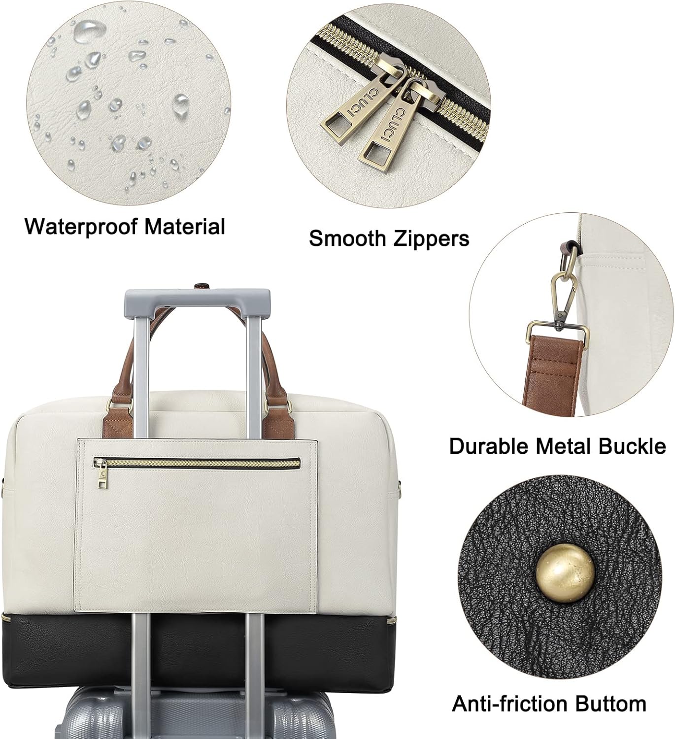 CLUCI Travel Duffel Bag for Women Leather Oversized Weekender Overnight Bags with Shoe Compartment Beige with Brown and Black